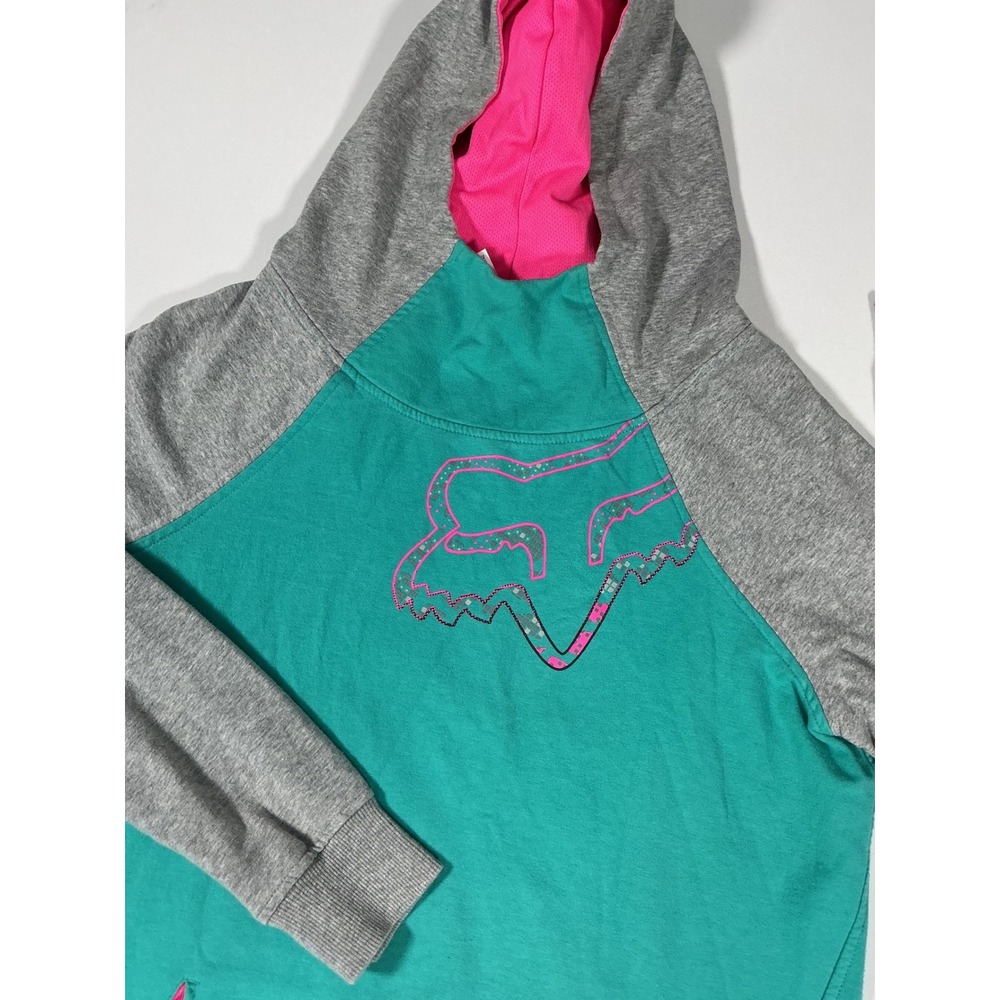 Fox Racing Women's Colorblock Hoodie Teal Gray Pink Studded Logo Size L
